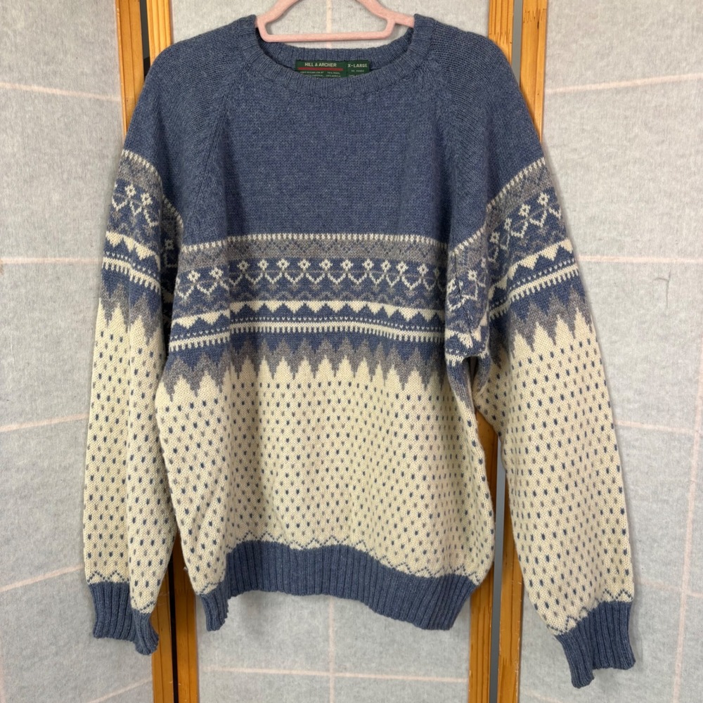 Read Hill & Archer Sweater XL Blue Fair Isle Wool Blend Vintage Raglan Crew Neck